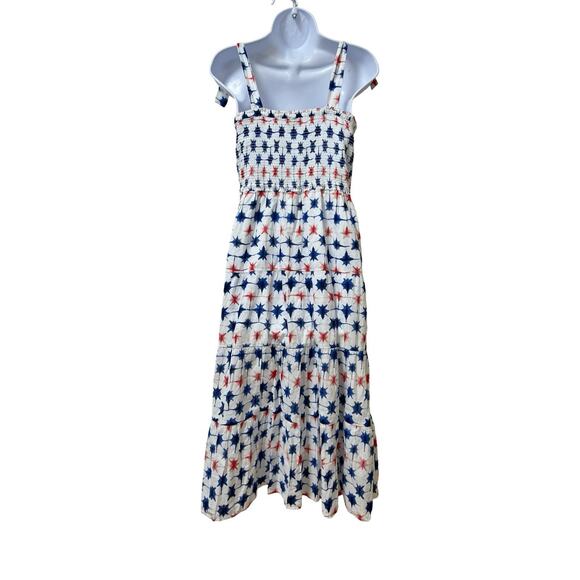 J Crew Smocked Tiered Midi Dress Size S Red White Blue Tie Shoulder Patriotic - Picture 2 of 7